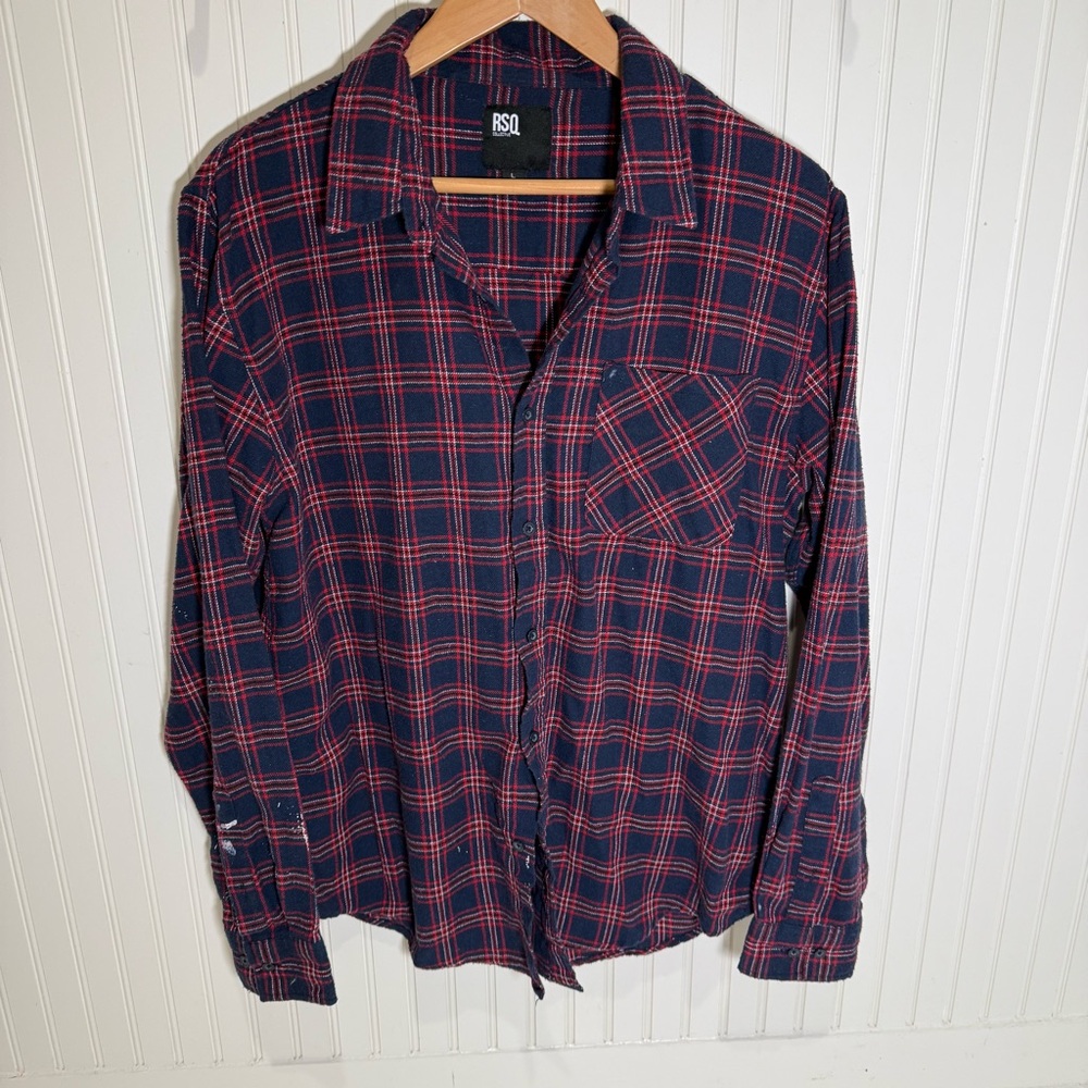 RSQ Men's Red and Blue Paint Splatter Plaid Shirt
